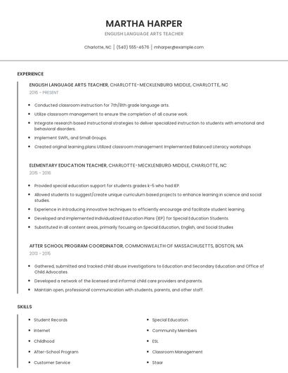 English Language Arts Teacher Resume