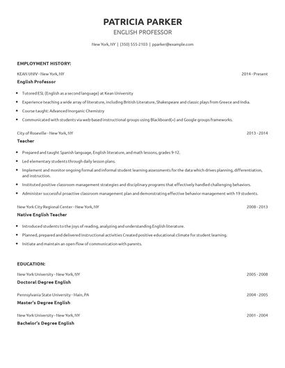 English Professor Resume