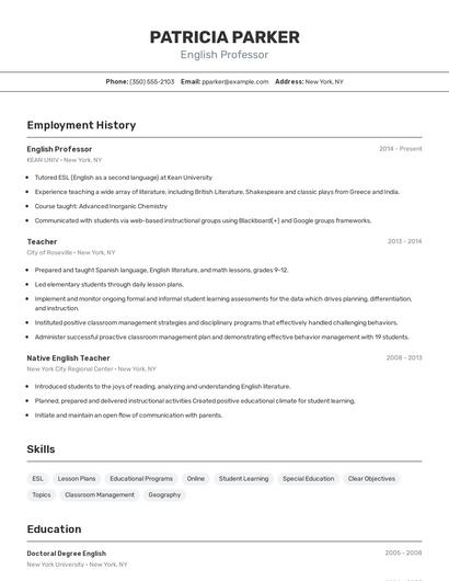 English Professor Resume