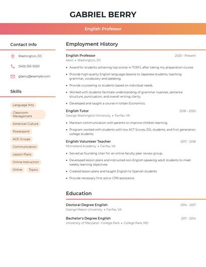 English Professor Resume