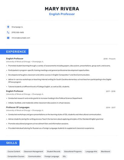 English Professor Resume