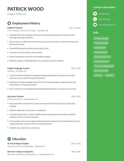 English Professor Resume