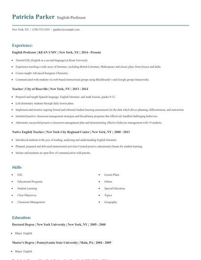 English Professor Resume