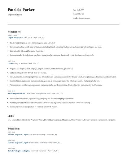 English Professor Resume