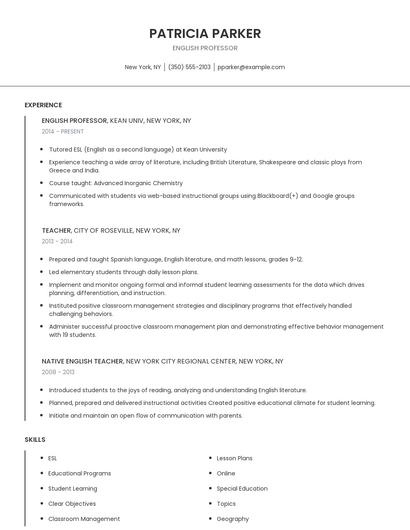 English Professor Resume