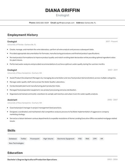 Enologist Resume