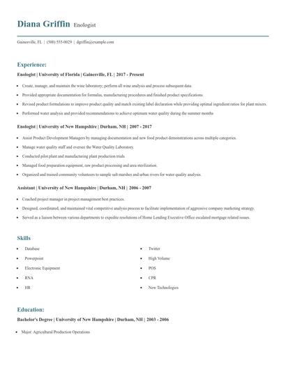 Enologist Resume