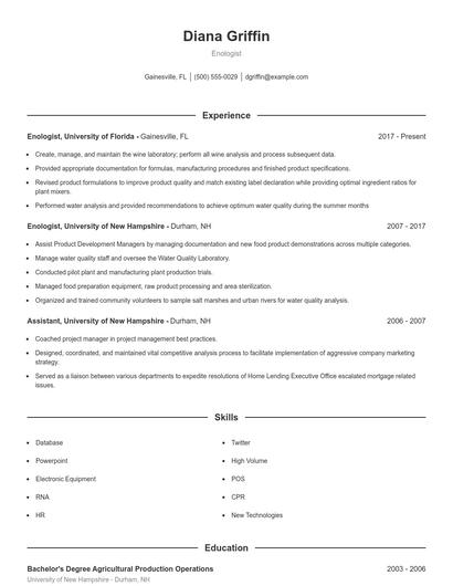 Enologist Resume
