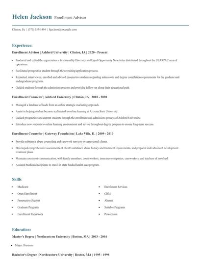 Enrollment Advisor Resume