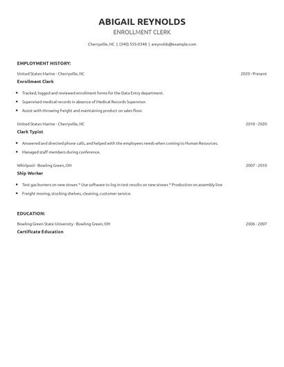 Enrollment Clerk Resume