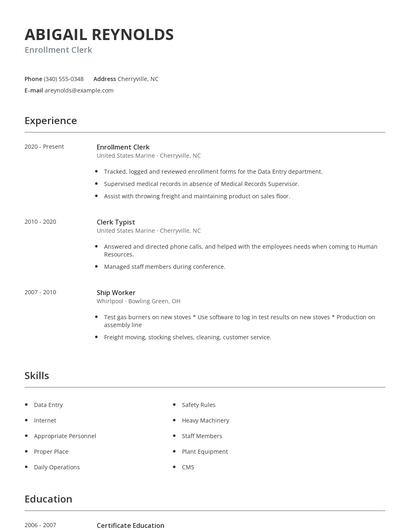 Enrollment Clerk Resume