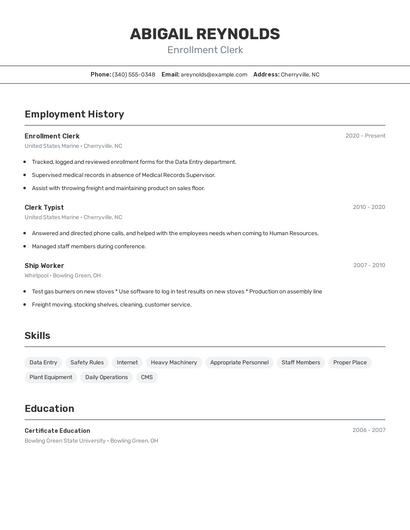 Enrollment Clerk Resume