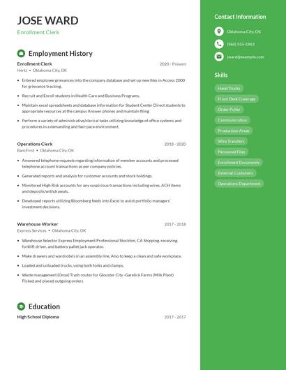 Enrollment Clerk Resume