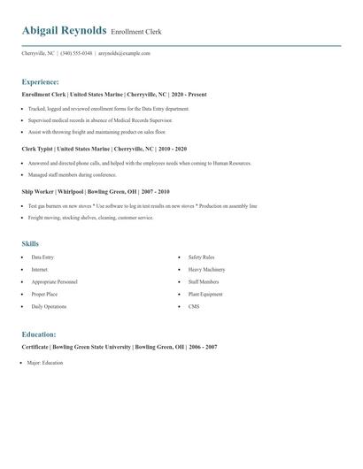 Enrollment Clerk Resume