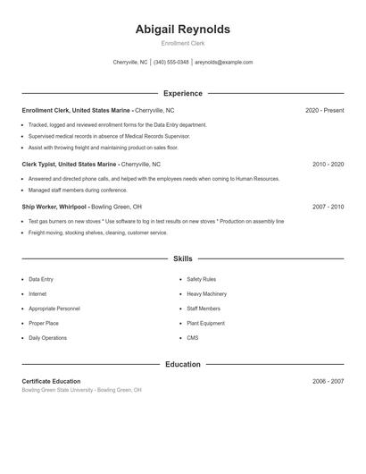 Enrollment Clerk Resume