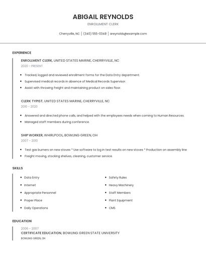 Enrollment Clerk Resume