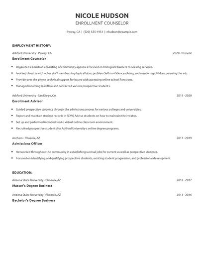 Enrollment Counselor Resume