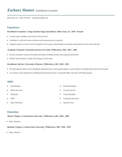 Enrollment Counselor Resume