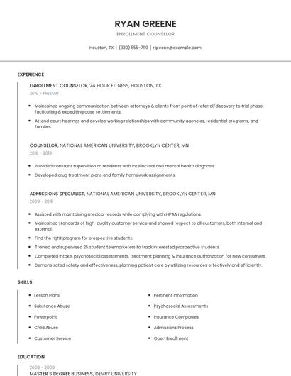 Enrollment Counselor Resume