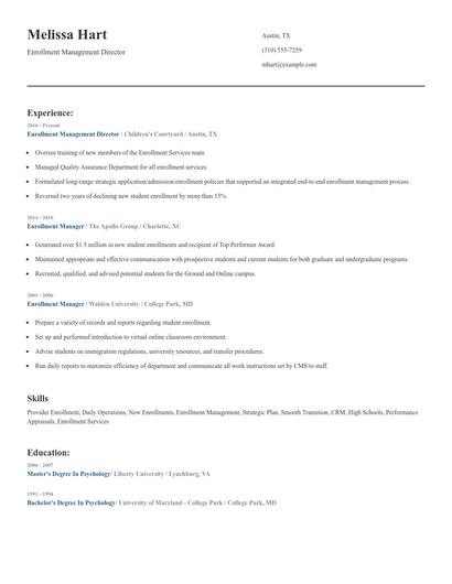 Enrollment Management Director Resume