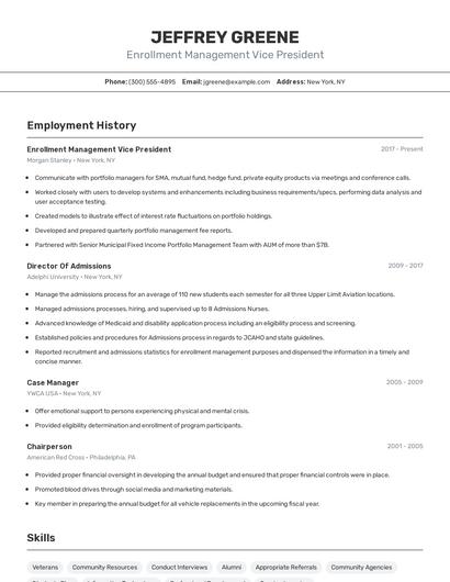 Enrollment Management Vice President Resume