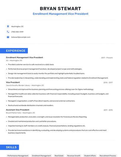 Enrollment Management Vice President Resume