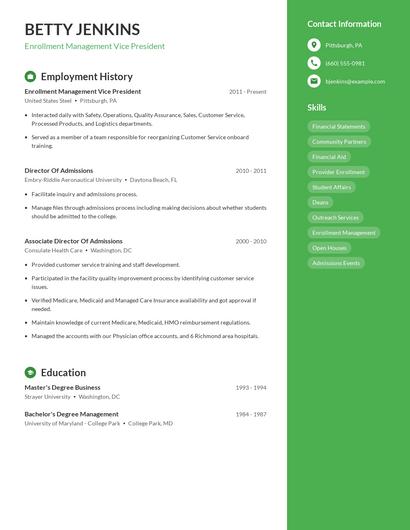 Enrollment Management Vice President Resume