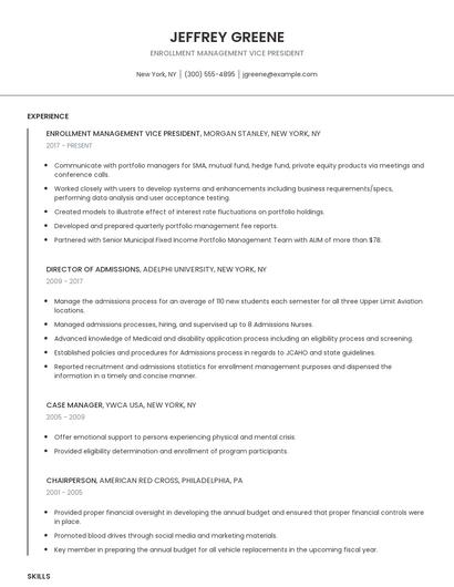 Enrollment Management Vice President Resume