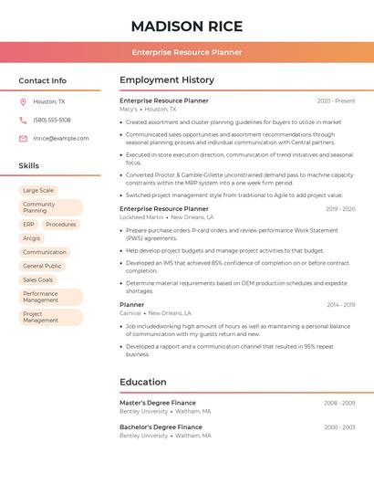 Enterprise Resource Planner Resume