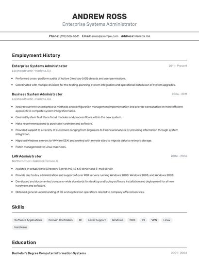 Enterprise Systems Administrator Resume