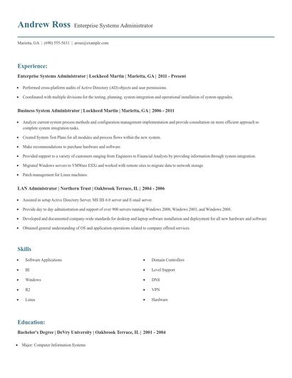 Enterprise Systems Administrator Resume