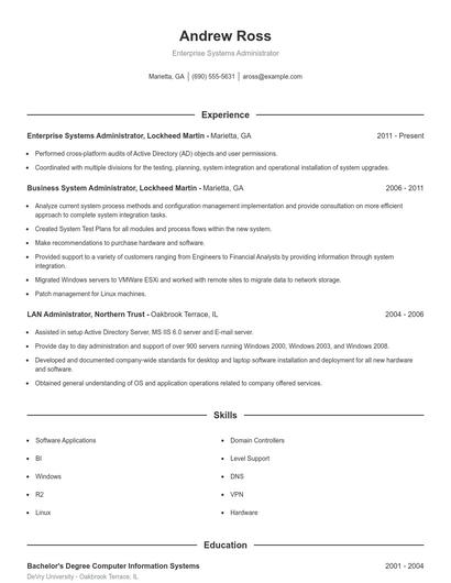 Enterprise Systems Administrator Resume