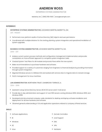 Enterprise Systems Administrator Resume