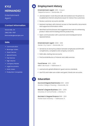 Entertainment Agent Resume