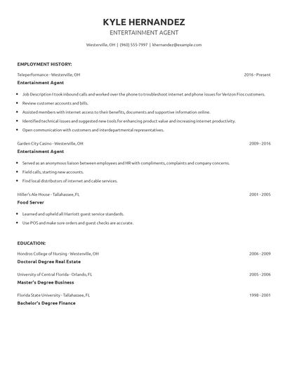 Entertainment Agent Resume