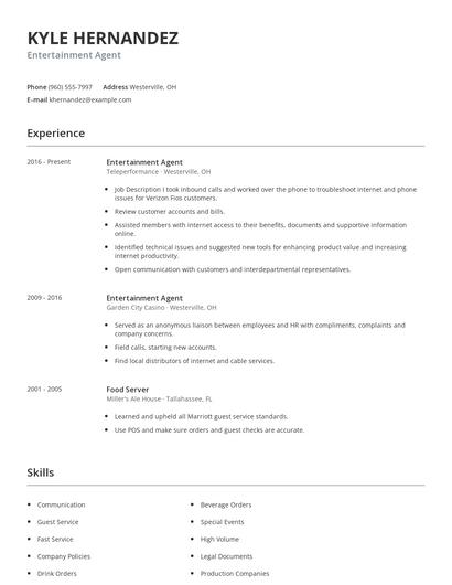 Entertainment Agent Resume