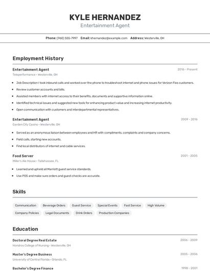 Entertainment Agent Resume
