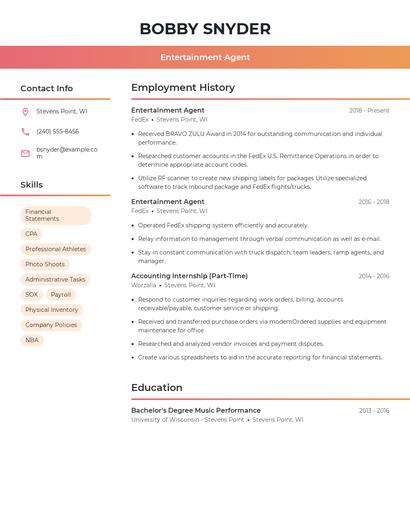 Entertainment Agent Resume