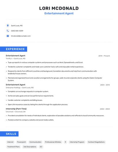 Entertainment Agent Resume