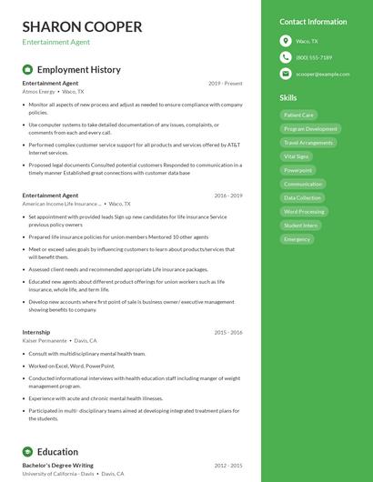 Entertainment Agent Resume