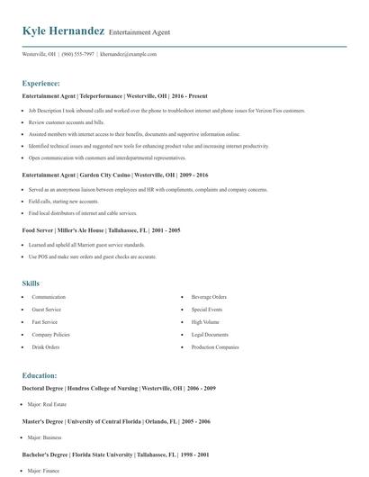 Entertainment Agent Resume