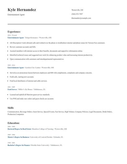 Entertainment Agent Resume