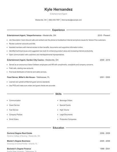 Entertainment Agent Resume