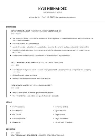 Entertainment Agent Resume