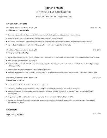 Entertainment Coordinator Resume