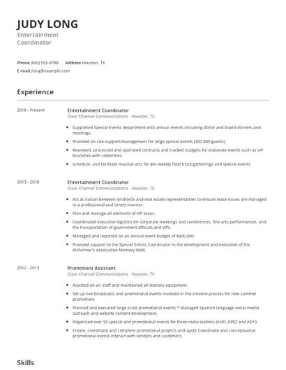 Entertainment Coordinator Resume