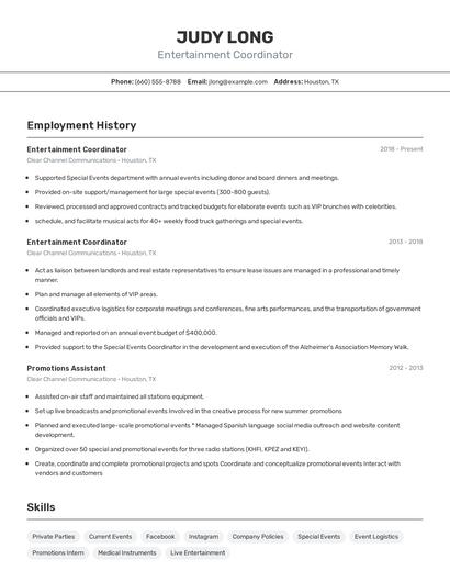 Entertainment Coordinator Resume