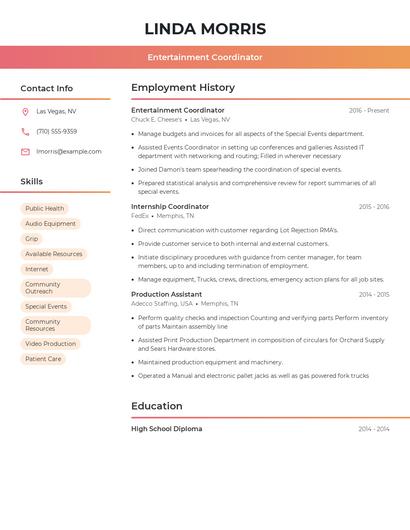 Entertainment Coordinator Resume
