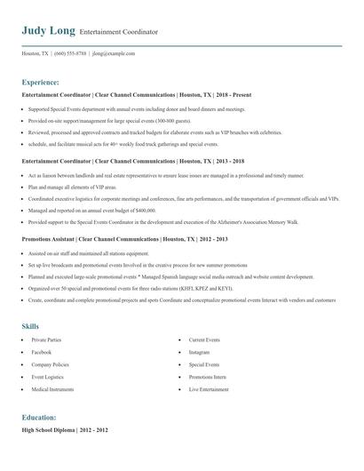 Entertainment Coordinator Resume