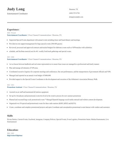 Entertainment Coordinator Resume